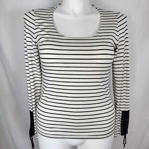 Chaps Black & White Stripes TOP SHIRT Womens Size L Long Sleeves Laced Detail